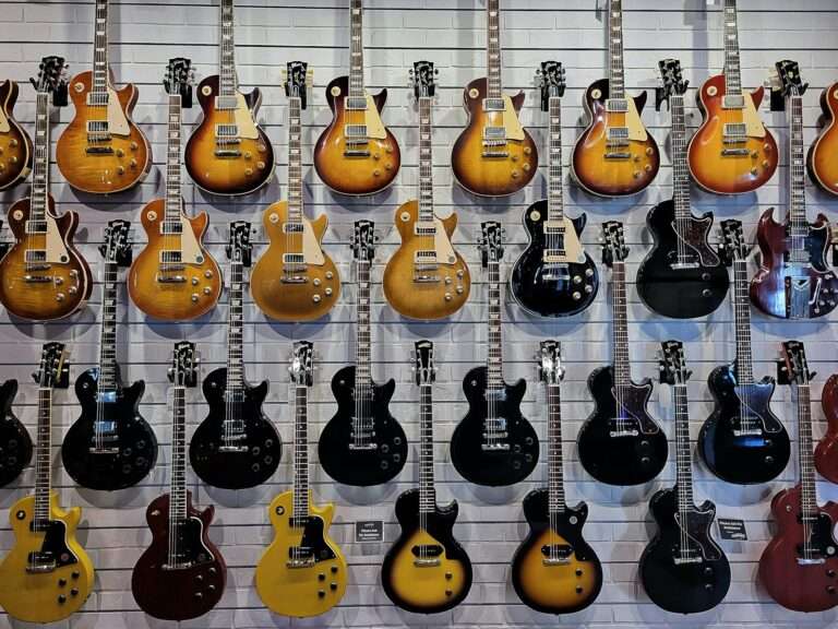 Rows of guitars in a music store